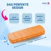 A product shot of an orange pill organizer with marketing text and dimensions. Anteprima dell’immagine prodotto