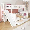 A white bunk bed with a slide and drawers, set up in a child's bedroom with pink walls and decorative elements. Náhled obrázku produktu