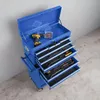 A blue tool chest with its lid open, displaying various tools inside and in its drawers. The tool chest is on wheels and sits on a concrete floor. Náhled obrázku produktu