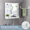A white bathroom cabinet with a mirror, shelves, and toiletries, mounted on a gray tiled wall. Produktbild-Vorschau
