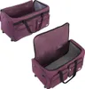 Two views of an open purple duffel bag with wheels. Produktbild-Vorschau