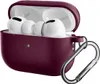 A burgundy protective case for Apple AirPods Pro 2, with the AirPods inside and a silver carabiner attached. Produktbild-Vorschau