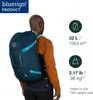 A man wearing a backpack, with product specifications displayed on the right. Produktbild-Vorschau
