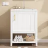 A white bathroom vanity with a golden handle and a sink is shown in a room with a light beige wall. Voir les images du produit