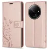 A rose gold flip phone case with a floral and butterfly design is shown from two angles. Produktbild-Vorschau