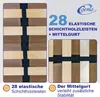Close-up view of wooden slats and a black strap, with text and a logo. Produktbild-Vorschau
