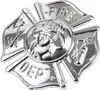A silver firefighter's badge with the words "FIRE DEPT." and images of a firefighter, an axe, and a fire extinguisher. Produktbild-Vorschau