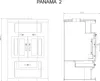 Technical drawing of a fireplace, showing front and side views with dimensions. Anteprima dell’immagine prodotto