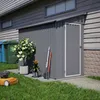 A grey metal shed with gardening tools and plants outside, next to a house. Produktbild-Vorschau