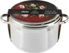 A stainless steel pot with a lid, presented in its packaging. Voir les images du produit