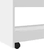 Close-up of the bottom corner of a white storage cart, showing one of its black wheels. Voir les images du produit