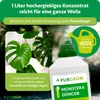 A product shot of a bottle of plant fertilizer with a Monstera plant in the background, along with marketing text and graphics. Produktbild-Vorschau