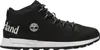 A black Timberland Sprint Trekker Mid shoe with a white sole, shown from the side against a white background. Voir les images du produit