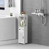 A white bathroom cabinet with storage compartments is shown next to a bathtub and a shower. Produktbild-Vorschau