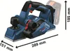 A cordless power planer is shown from a three-quarter angle against a white background, with dimensions indicated by lines and text. Podgląd zdjęcia produktu