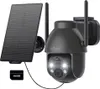 A black outdoor solar-powered security camera with a solar panel and a 64GB memory card. Produktbild-Vorschau