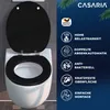 A toilet seat with its lid open, displayed with marketing icons and text on a dark blue background. Anteprima dell’immagine prodotto