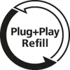 A circular graphic with arrows indicating a cycle, containing the text "Plug+Play Refill". Voir les images du produit