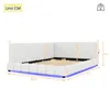 A diagram showing the dimensions of a white upholstered bed frame with LED lighting. Produktbild-Vorschau
