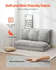 A light gray foldable sofa is shown in a room with a white curtain and a framed picture on the wall. Text overlays describe the fabric. Voir les images du produit