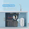 A split image showing a comparison of under-sink water filtration systems. The left side shows a traditional bulky system, while the right side shows a compact, modern tankless system. Anteprima dell’immagine prodotto