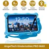 A blue kids' tablet with a stylus and a strap, displayed with feature callouts at the top. Produktbild-Vorschau
