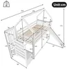 A diagram showing the dimensions of a white bunk bed with a slide and stairs. Podgląd zdjęcia produktu