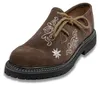 Vorderansicht brauner bayerischer Damenschuhe mit Blockabsatz und Ledersohle. Diese traditionellen Trachtenschuhe verfügen über runde Kappe, Schnürverschluss und aufwendige Stickerei – klassische Haferlschuhe für Damen. Produktbild-Vorschau