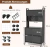 A collage of images showing a black storage shelf unit with various accessories and dimensions labeled. Produktbild-Vorschau