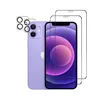 A purple iPhone with two screen protectors and a camera lens protector are displayed against a white background. Produktbild-Vorschau