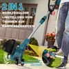 A person is using a cordless grass trimmer in a garden setting. Produktbild-Vorschau