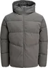 A gray puffer jacket with a hood is shown against a white background. Produktbild-Vorschau