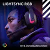 Close-up profile of a person wearing a gaming headset with RGB lighting. Produktbild-Vorschau
