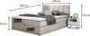A bed with a headboard, mattress, and a bedside table, with dimensions indicated by arrows and text. Produktbild-Vorschau
