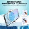 A smartphone cooler attached to a phone, with ice and water effects, and temperature readings shown. Náhled obrázku produktu