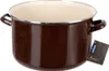 A brown enamel pot with a white interior and silver rim, shown from the side with a tag attached. Náhled obrázku produktu