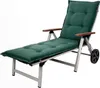 A green chaise lounge with a padded cushion and wooden armrests, shown against a white background. The chaise lounge has wheels at the back for portability. Produktbild-Vorschau