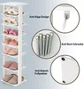 A white shoe rack with various slippers on its shelves, accompanied by close-up images of screws, a wall anchor, and the bottom of the shoe rack with anti-slip pads. Text highlights features like anti-tip design, anti-rust screws, and anti-slip foot pads. Produktbild-Vorschau