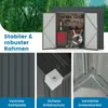 A collage of images showcasing a dark gray metal garden shed, its interior, and close-ups of its construction details. Produktbild-Vorschau