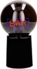 A black base supports a clear spherical globe containing a neon sign that spells "BAR" in red letters with a blue border. Produktbild-Vorschau