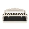 A cream-colored sofa bed with its mattress support slats visible. Produktbild-Vorschau