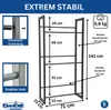 Diagram showing dimensions and features of a metal shelf unit. Náhľad obrázku produktu