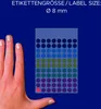 A hand is shown next to a sheet of colorful circular labels, with text indicating label size. Produktbild-Vorschau
