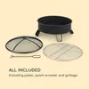A disassembled fire pit with its accessories laid out on a cream-colored background. Produktbild-Vorschau