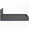 A side view of a gray upholstered bed frame with a slatted base, shown against a white background. Produktbild-Vorschau