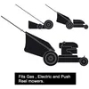 Silhouettes of different types of lawnmowers with a text overlay at the bottom. Produktbild-Vorschau