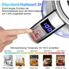 A hand is shown pressing buttons on a digital display of a kettle, with text and graphics illustrating different temperature settings and beverage types. Produktbild-Vorschau