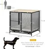 A diagram showing a dog cage with dimensions and a silhouette of a person and a dog for scale. Podgląd zdjęcia produktu