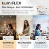 Collage showing a lamp with three different light color settings and descriptions. Produktbild-Vorschau