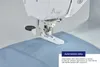 Close-up of a sewing machine foot creating a buttonhole on blue fabric, with a text overlay describing the feature. Produktbild-Vorschau